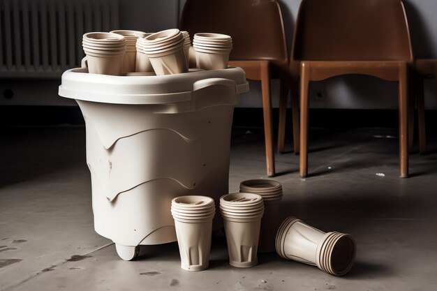 A collection of ceramic cups are on a table in a studio.