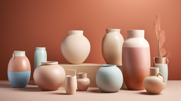 A collection of ceramic vases on a table with one that says'new'on it