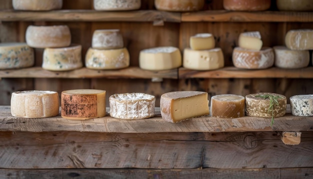 Photo collection cheese wheels on a rustic wooden shelf showcasing handcrafted cheese and gourmet food