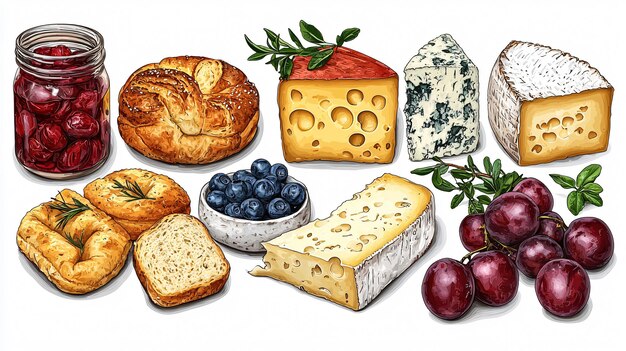 Photo a collection of cheeses including bread bread and fruit