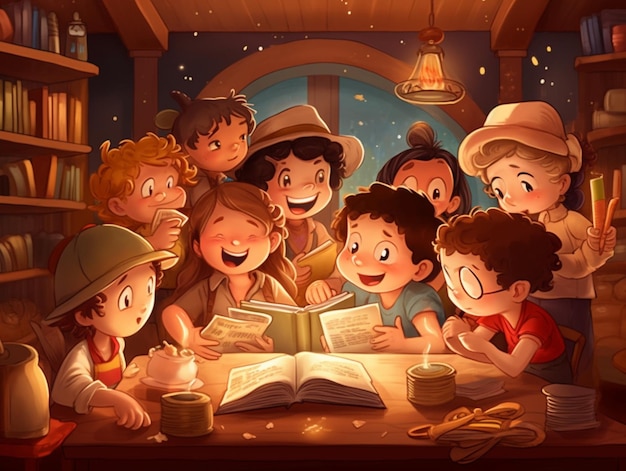 A collection of children reading a book.