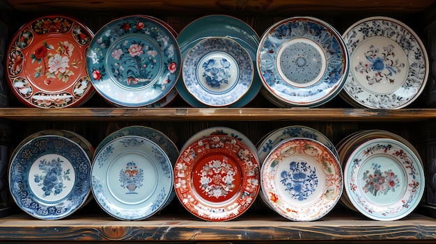 a collection of china plates are on a shelf in a store