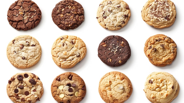 a collection of chocolate chip cookies with chocolate chips