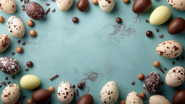 a collection of chocolate eggs with chocolate chips on a blue background