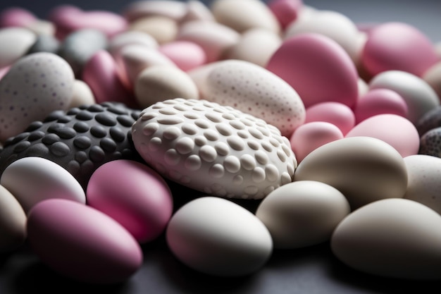 A collection of chocolate eggs with a pink background