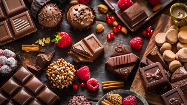 Photo a collection of chocolates and raspberries on a table