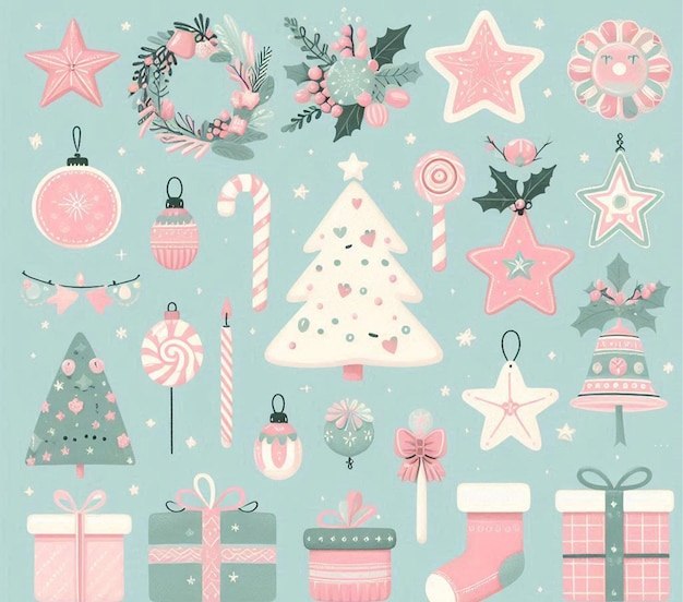 a collection of christmas decorations including a christmas tree stars and a pink and white christma