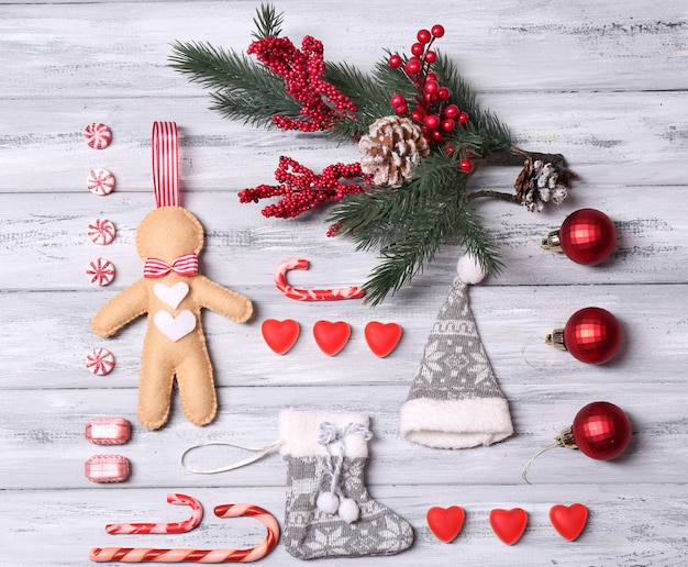 Collection of Christmas objects  on color wooden background