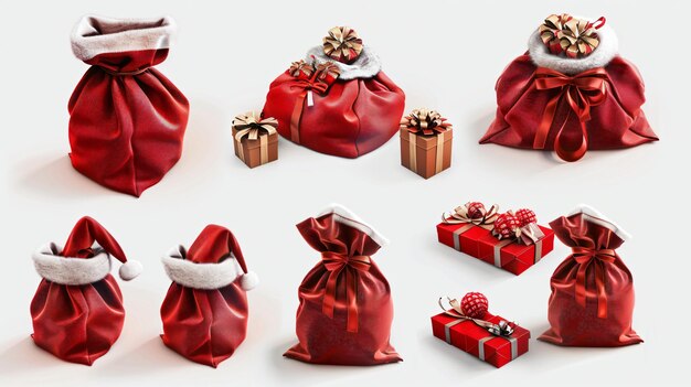 a collection of christmas presents including a red one with a white background