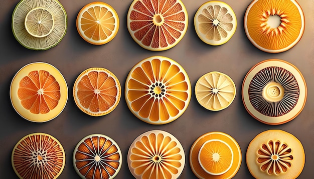 A collection of citrus fruits are arranged in a grid.