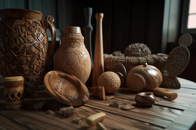 A collection of clay items including a vase, a vase, a vase, and a vase.