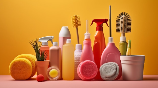 A collection of cleaning products including a bottle of liquid, a bottle of spray, a bottle of cleaner, a plant and a plant.