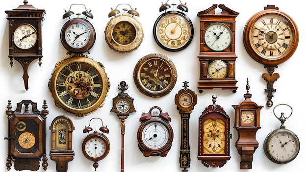 Photo a collection of clocks including one that says quot the time is 12 00 quot