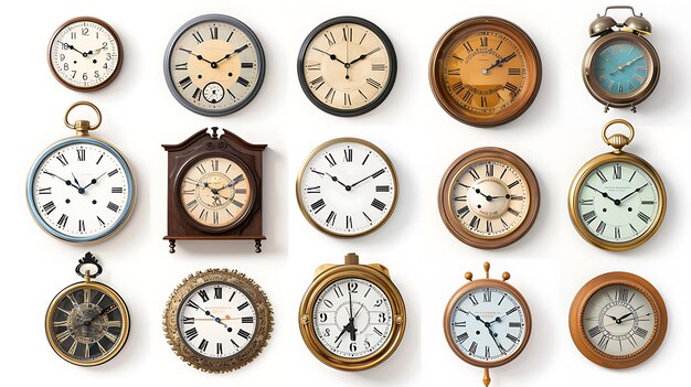 Photo a collection of clocks including one that says quot the time is 12 00 quot