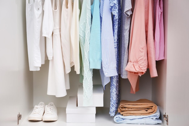 Collection of clothes hanging on a rack