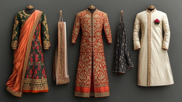 a collection of clothes including one that has a red and gold color