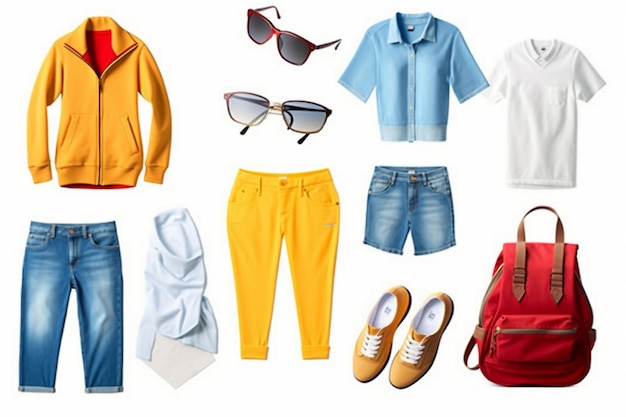 A collection of clothes including a pair of sunglasses, sunglasses, and a red bag.