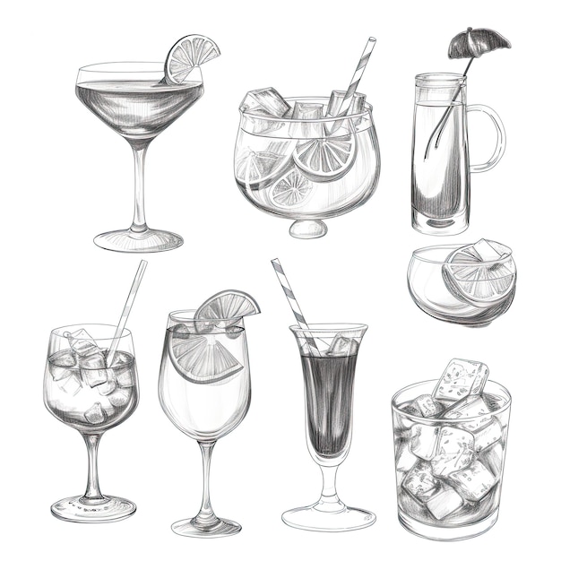 Photo collection of cocktails on white background pencil illustration