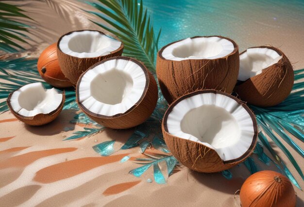 a collection of coconuts are on a table with a palm tree in the background