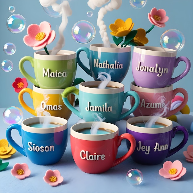 a collection of coffee mugs with the word quot tulips quot on them