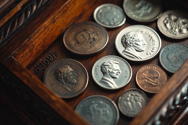 a collection of coins including one of the coins has the word quot pennies quot on it