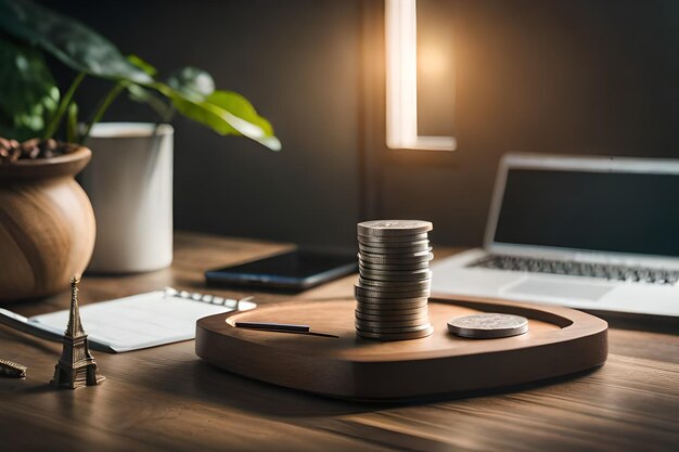 A collection of coins and a laptop on a desk