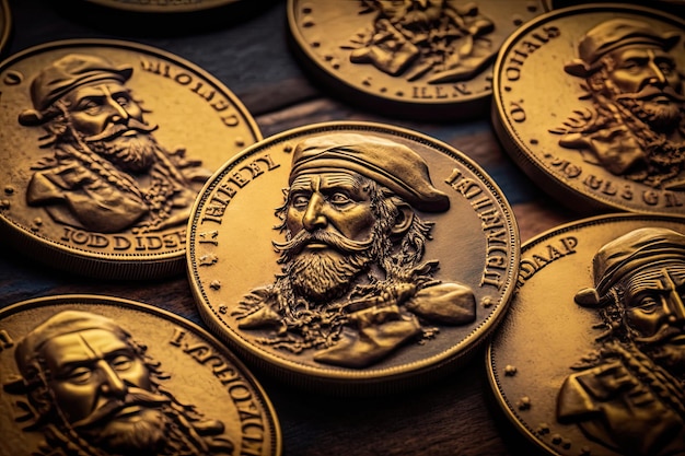 A collection of coins with the words " the pirate " on the front.