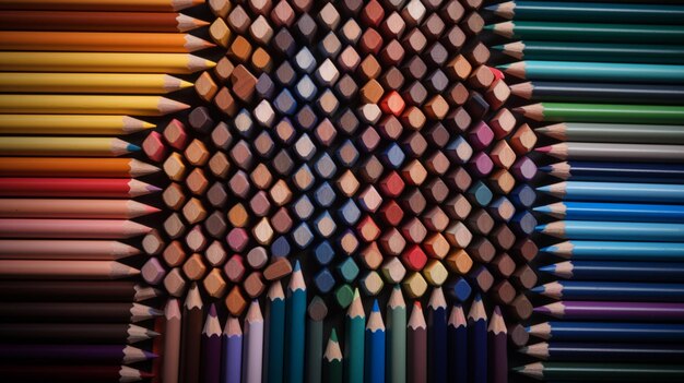 A collection of colored pencils are arranged in a pattern.