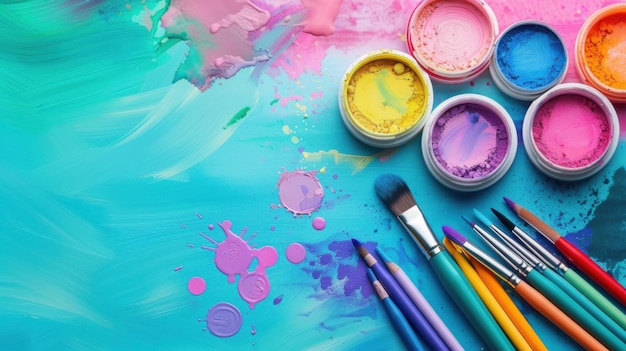 A collection of colorful art supplies including paintbrushes and paint pots arranged on a vibrant artistic background