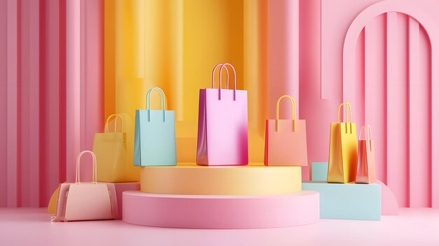 a collection of colorful bags are on a table with a rainbow colored backdrop