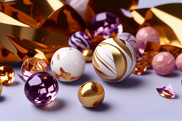 A collection of colorful balls with gold and purple crystals on a blue background.