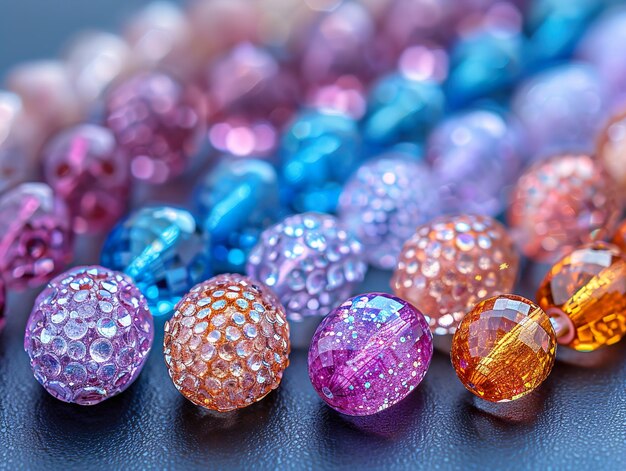 a collection of colorful beads including one that says  the name of the artist