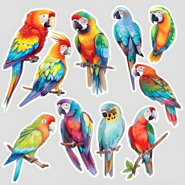 a collection of colorful birds including parrots parrots and leaves