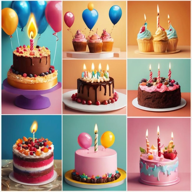 A collection of colorful birthday cakes with lit candles and balloons