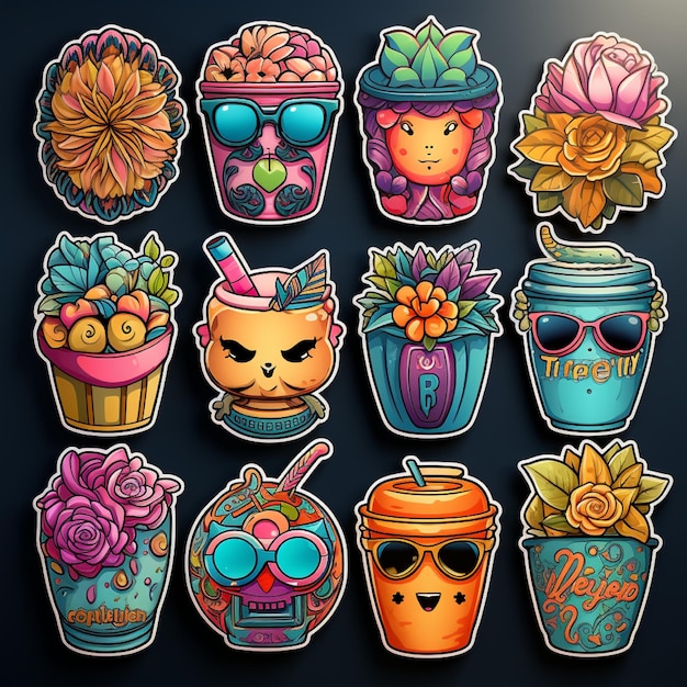 Photo a collection of colorful cartoon characters including a skull and flowers