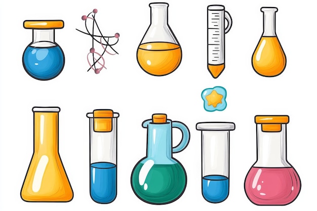 Photo collection of colorful chemistry flasks and test tubes