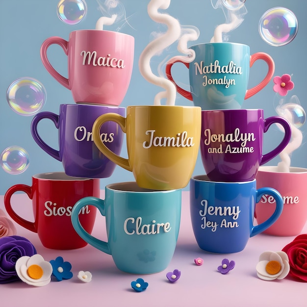 a collection of colorful coffee mugs with the name quot mom quot on them