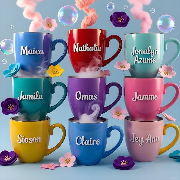 a collection of colorful coffee mugs with the name quot mother quot on them