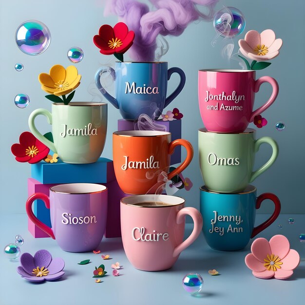 Photo a collection of colorful coffee mugs with the word mothers on them