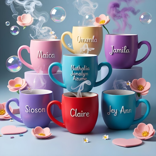 a collection of colorful coffee mugs with the word quot tulle quot on them