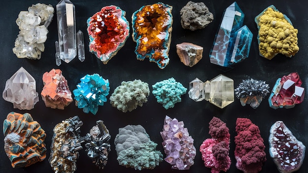 A collection of colorful crystals and minerals on a black background