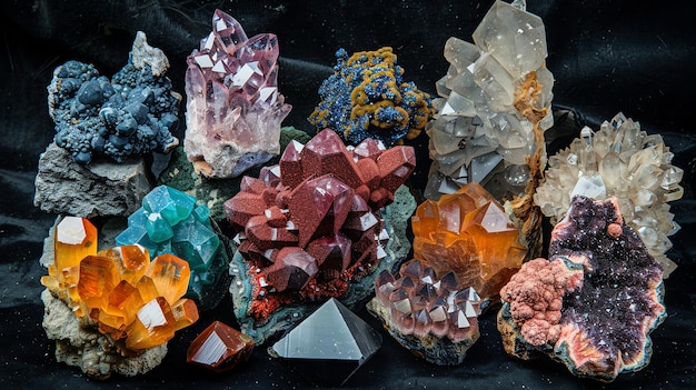 A collection of colorful crystals and minerals on a black background