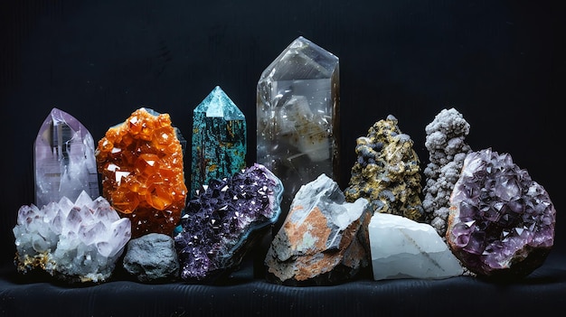 A collection of colorful crystals and rocks on a black background