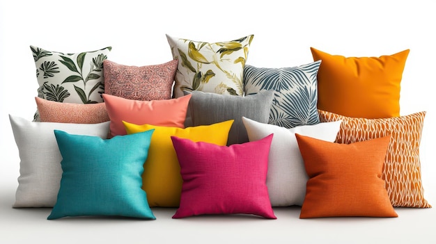 Photo a collection of colorful decorative pillows arranged elegantly in a bright studio setting