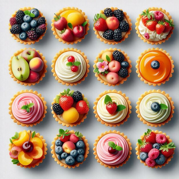 a collection of colorful desserts including fruit and berries