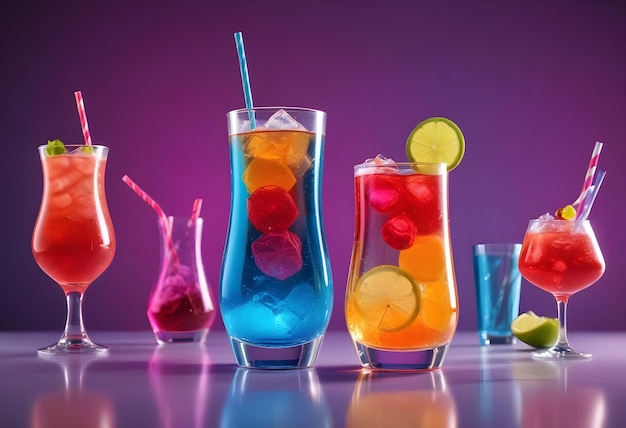 a collection of colorful drinks with different colors and shapes