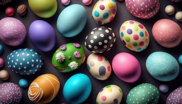 A collection of colorful easter eggs on a black background