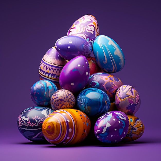 A collection of colorful easter eggs on a purple background