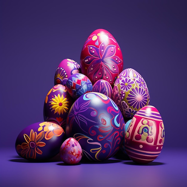 A collection of colorful easter eggs on a purple background