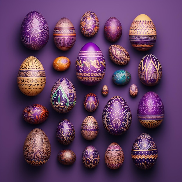 A collection of colorful easter eggs on a purple background